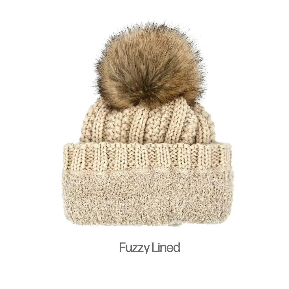 C.C Fuzzy Lined Cuff Pom Beanie – Women's Faux Fur Pom Knit Hat