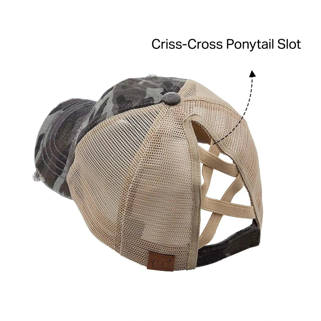 C.C Distressed Camo Criss-Cross Ponytail Hat