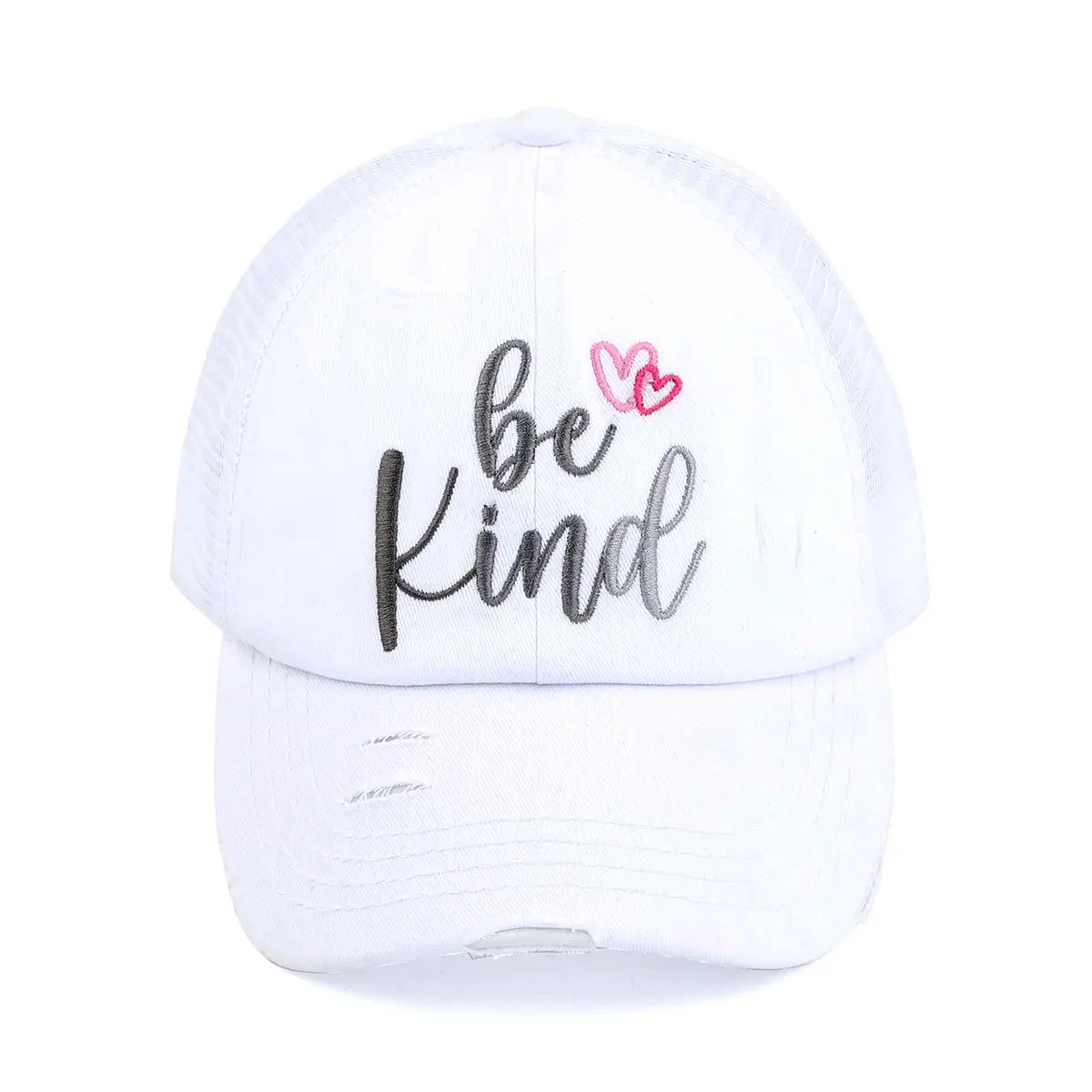Distressed Embroidered Be Kind Criss-Cross Ponytail Cap
