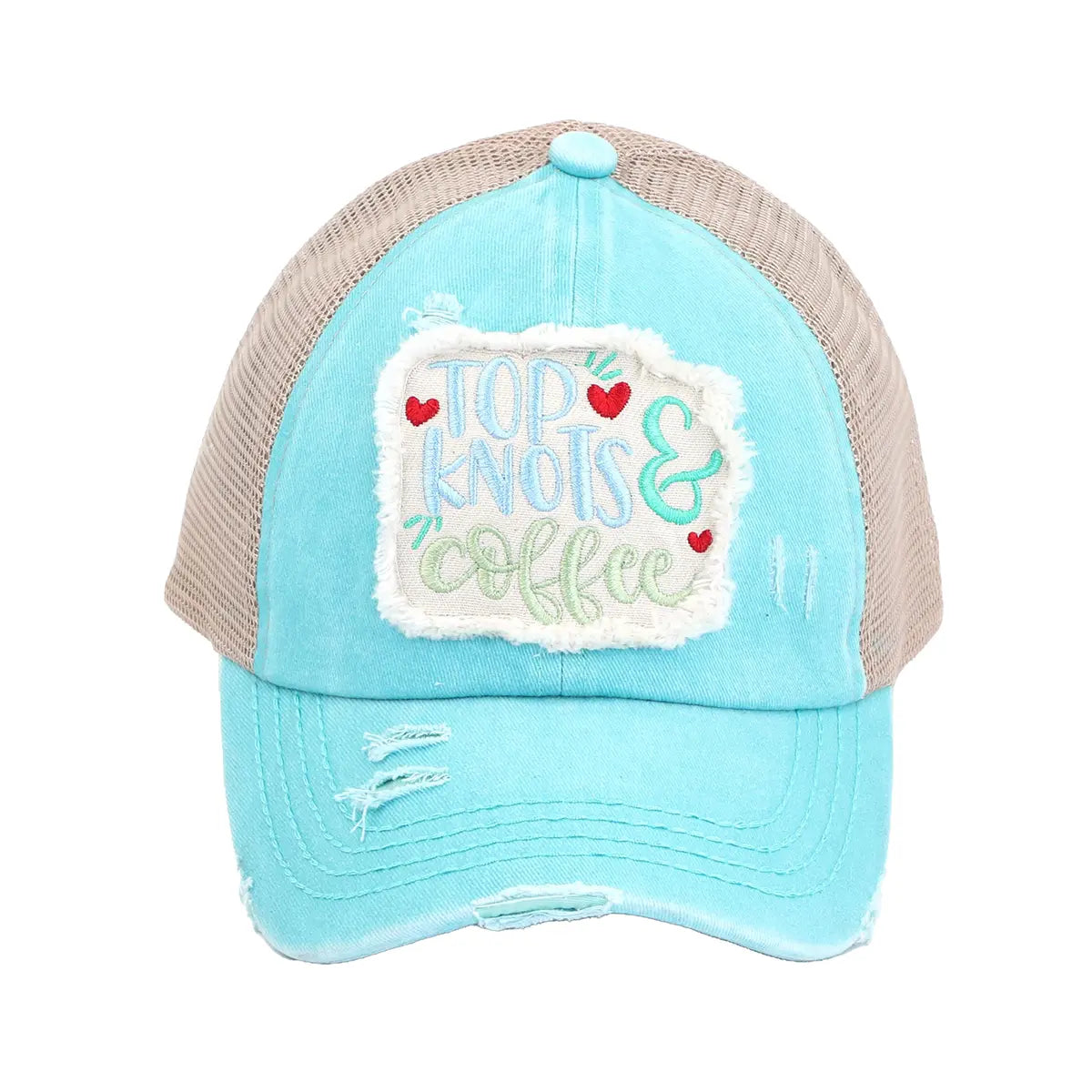 C.C Distressed Top Knots & Coffee Patch Criss-Cross Ponytail Baseball Cap