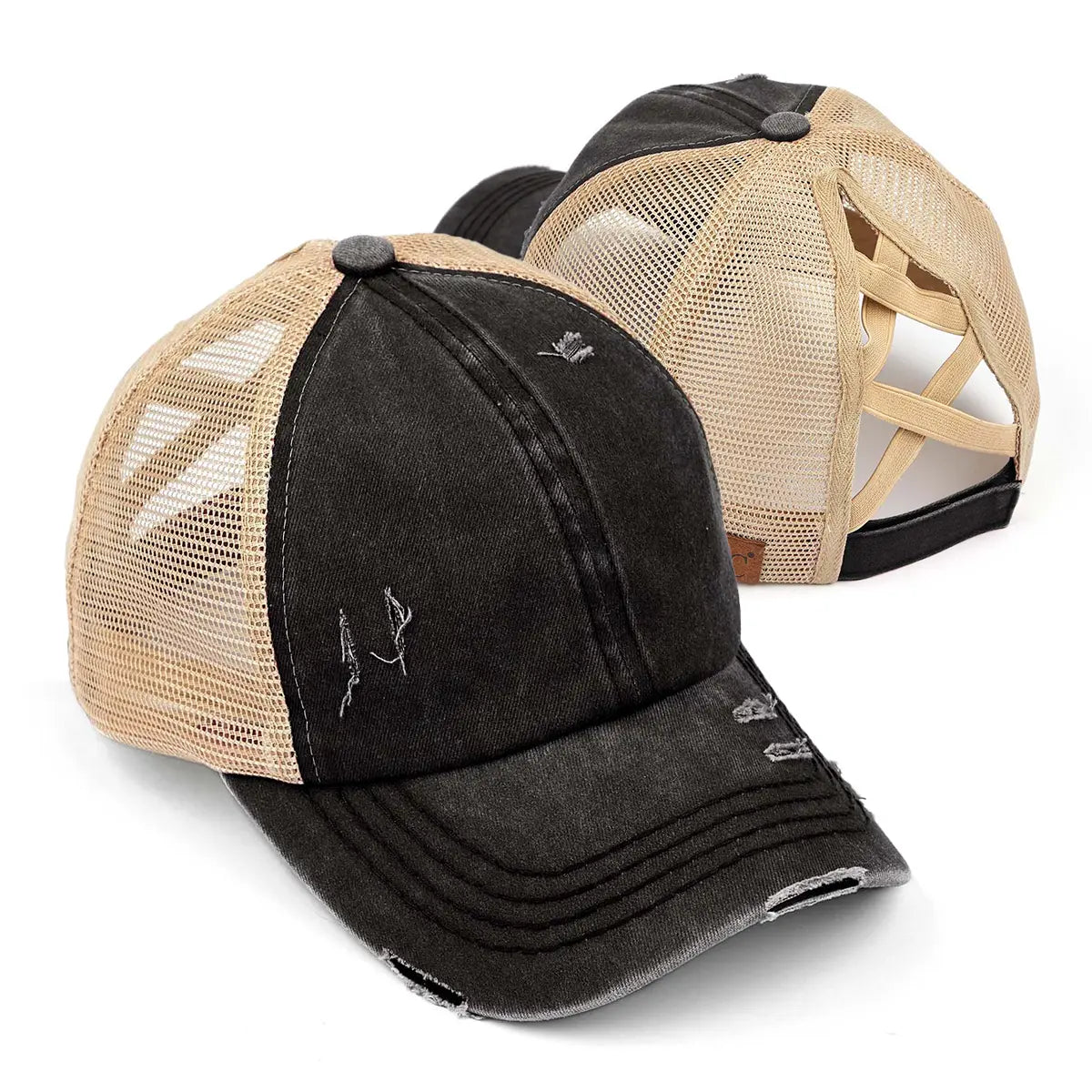Distressed Criss-Cross Ponytail Cap