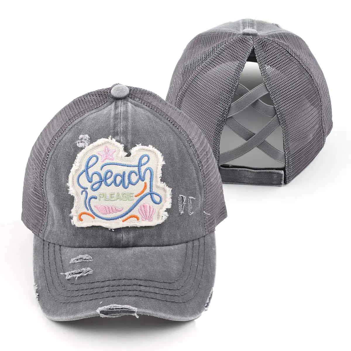 Distressed Beach Please Embroidered Patch Ponytail Cap