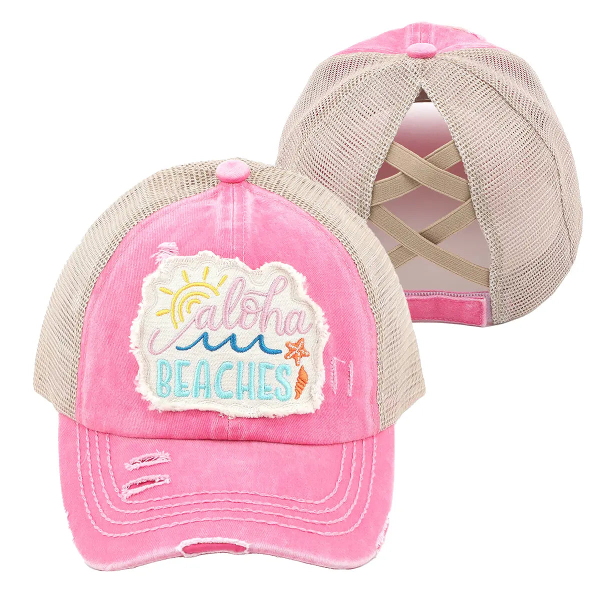 C.C Distressed Aloha Beaches Patch Criss-Cross Ponytail Baseball Cap