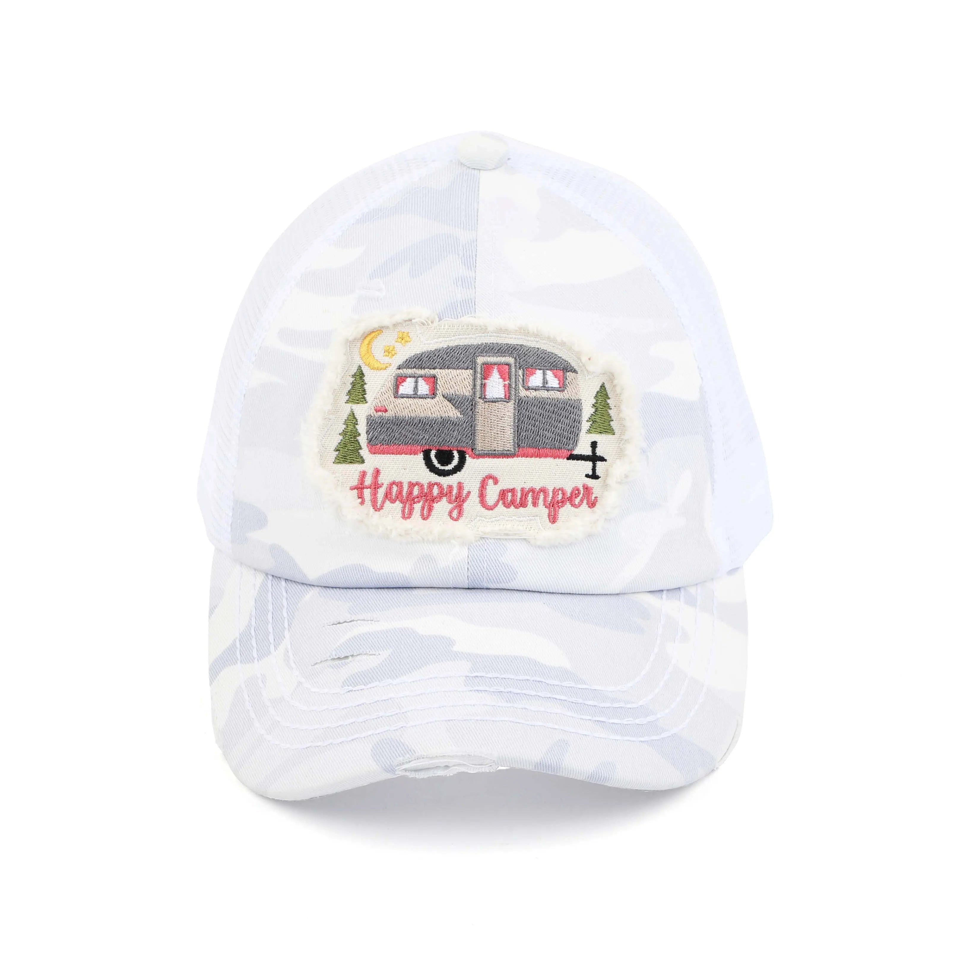 Distressed Happy Camper Embroidered Patch Ponytail Cap