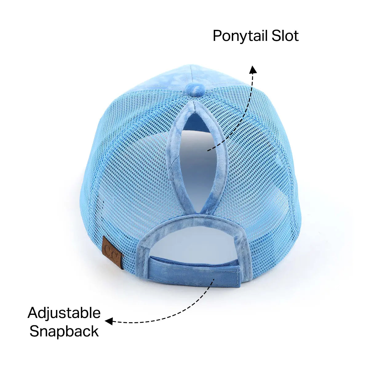 A light blue mesh trucker-style cap shown from the back, with callout arrows and text labels pointing to the 'Ponytail Slot' and 'Adjustable Snapback'.