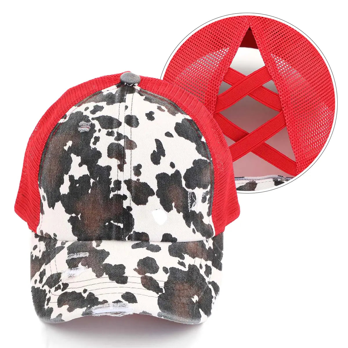 C.C Distressed Cow Print Criss-Cross Ponytail Baseball Cap