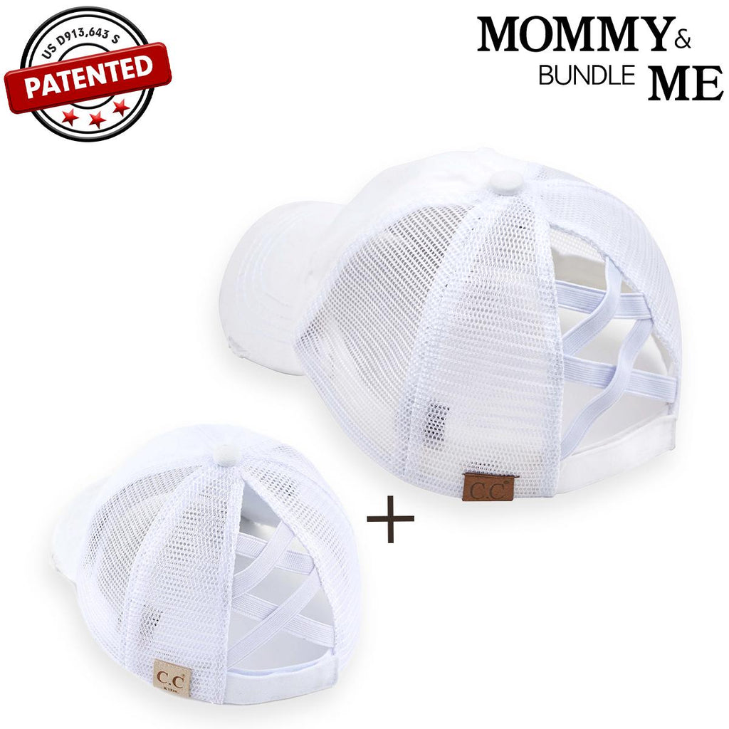 Mommy & Me Washed Cotton Twill Mesh Pony Cap with Criss-Cross Elastic Band Bundle