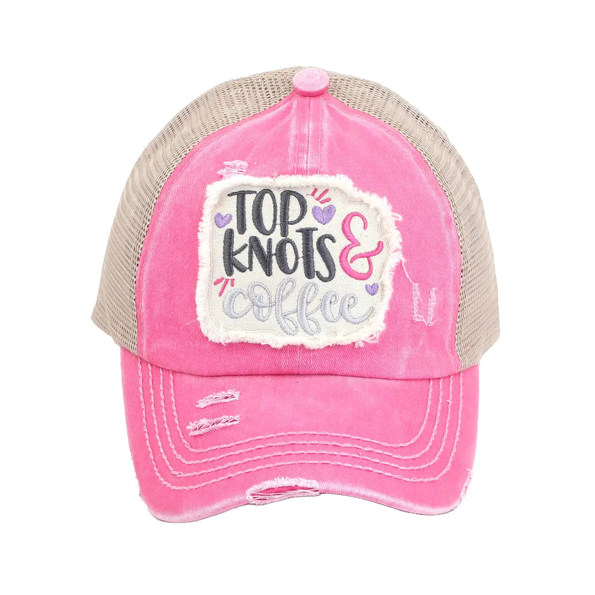 C.C Distressed Top Knots & Coffee Patch Criss-Cross Ponytail Baseball Cap