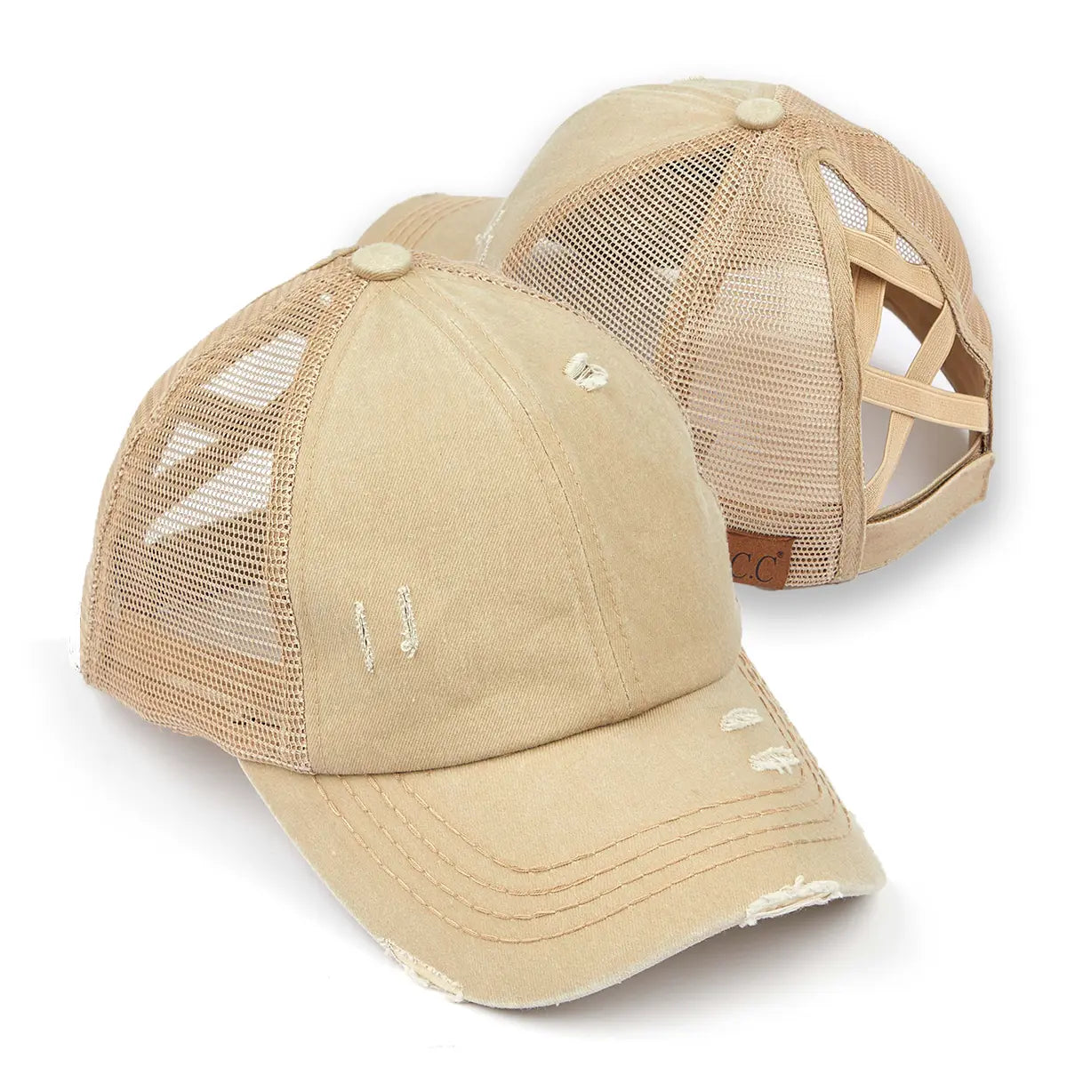 Distressed Criss-Cross Ponytail Cap