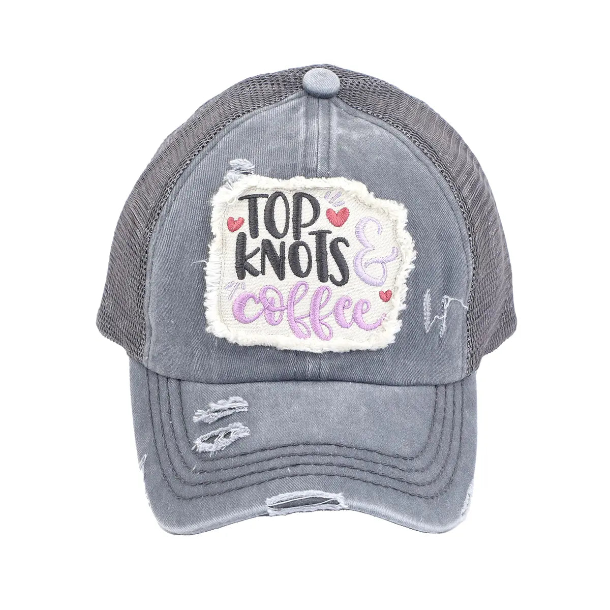 C.C Distressed Top Knots & Coffee Patch Criss-Cross Ponytail Baseball Cap