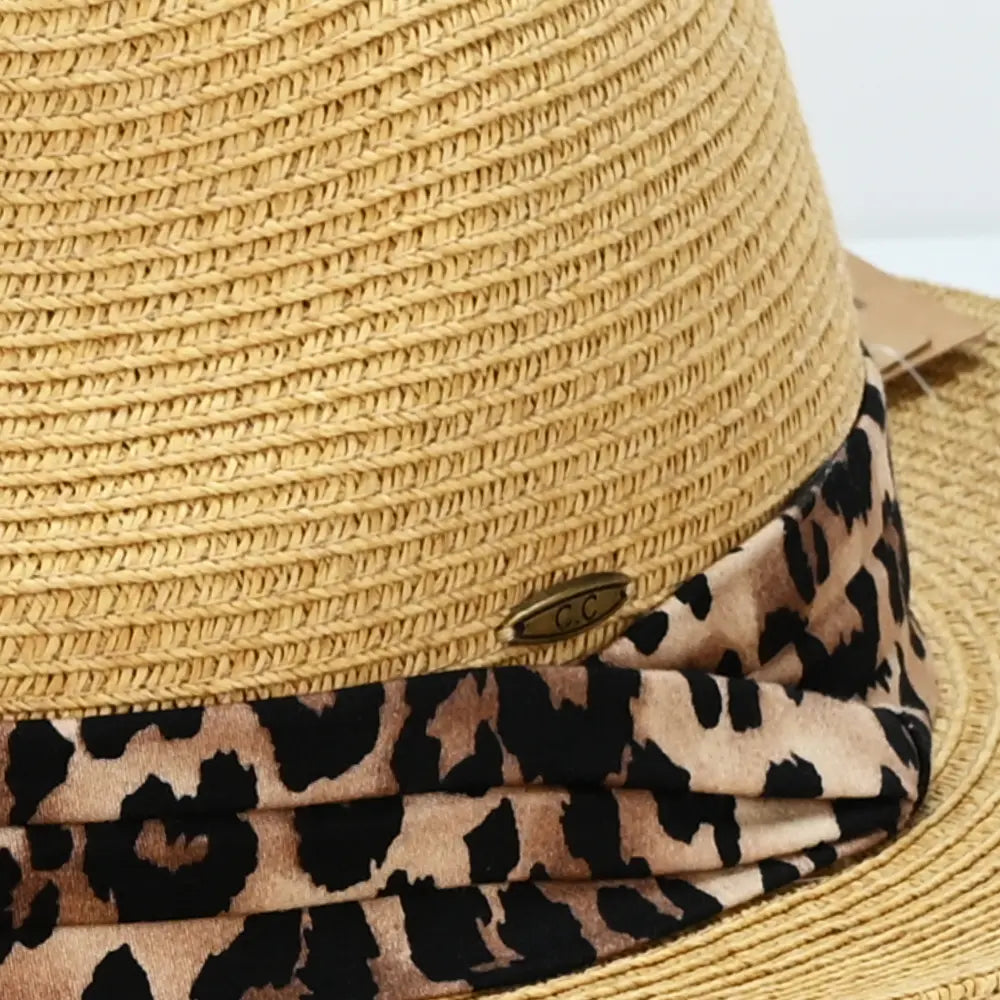C.C Leopard Print Trim Panama Hat