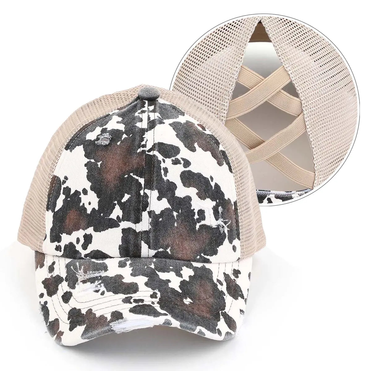 C.C Distressed Cow Print Criss-Cross Ponytail Baseball Cap
