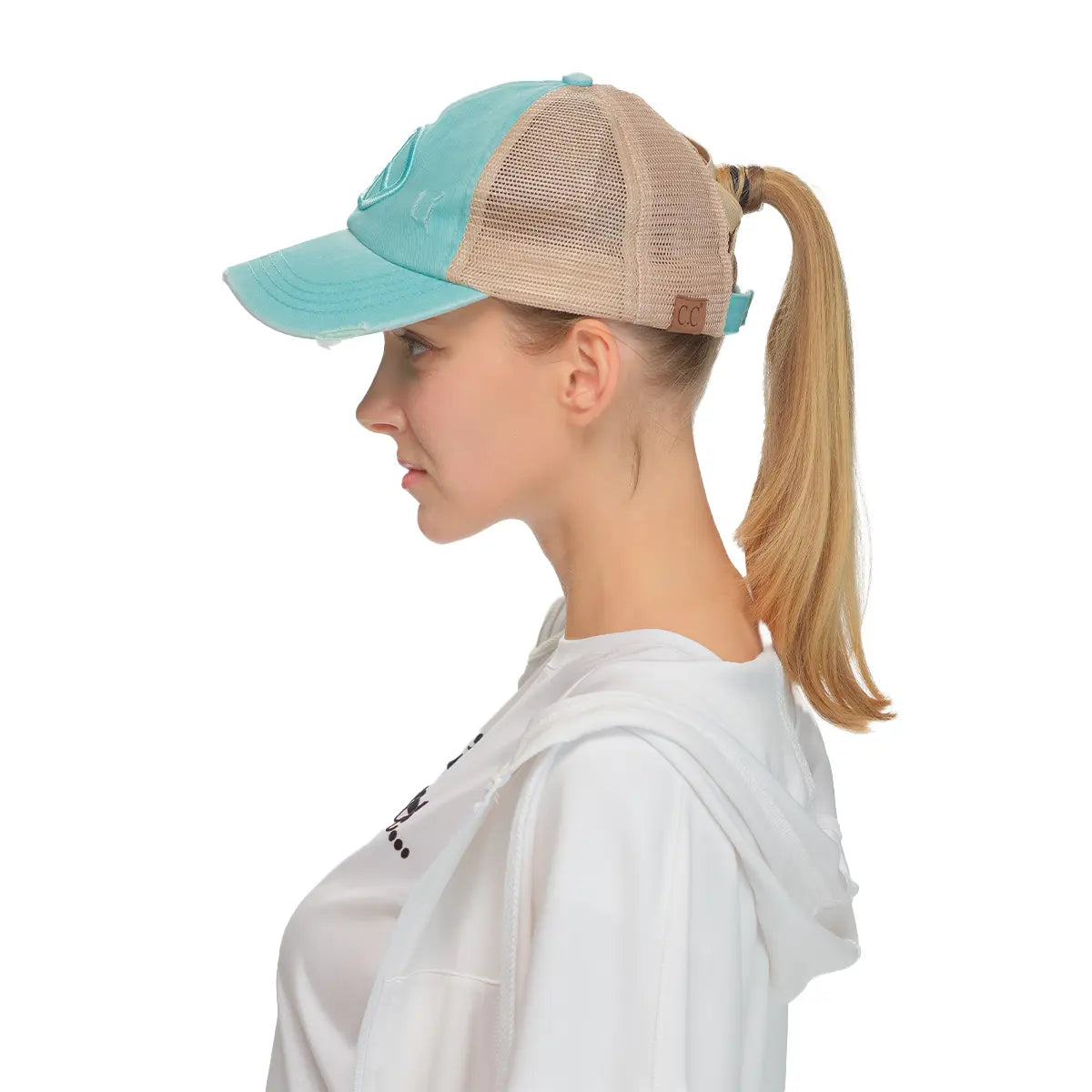 C.C Distressed Peace Sign Criss-Cross Ponytail Baseball Cap