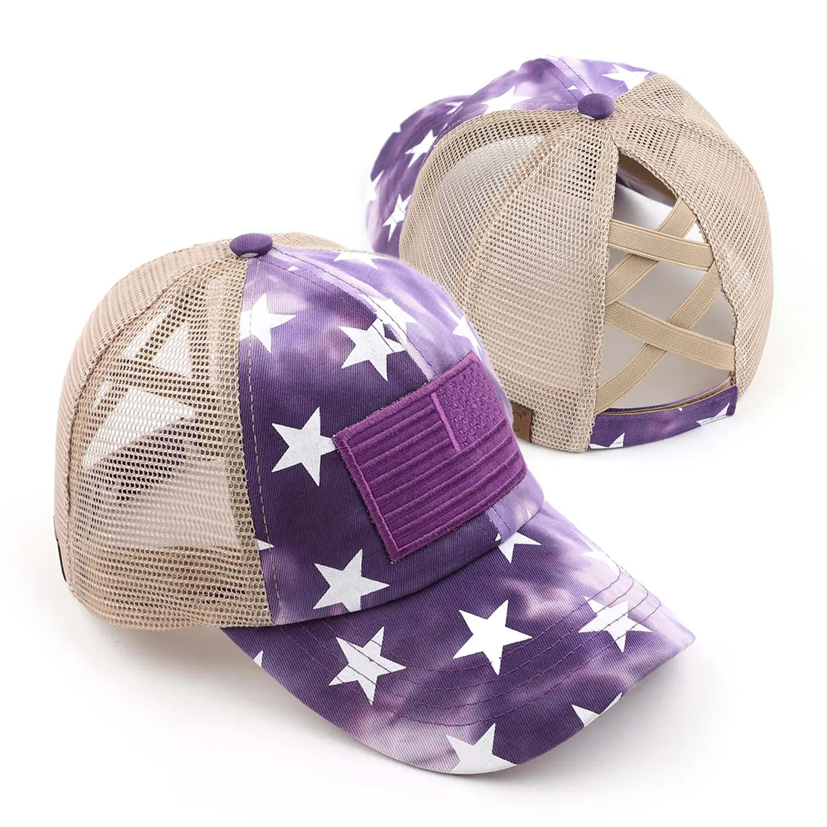 Tie-Dye Stars Flag Patch Criss-Cross Ponytail Cap