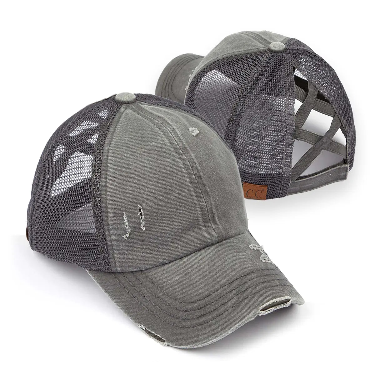 Distressed Criss-Cross Ponytail Cap