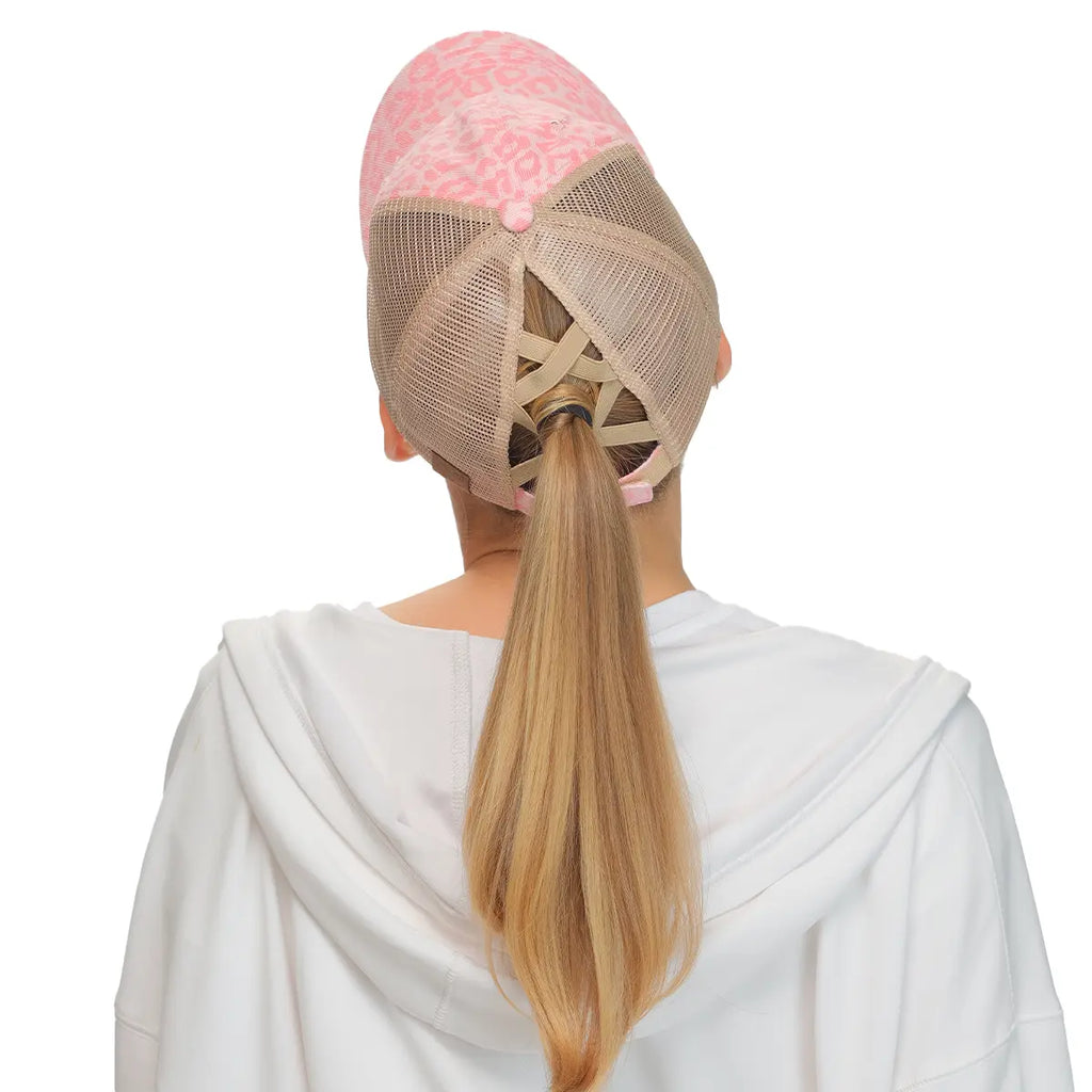 C.C Denim Leopard Criss-Cross Ponytail Cap