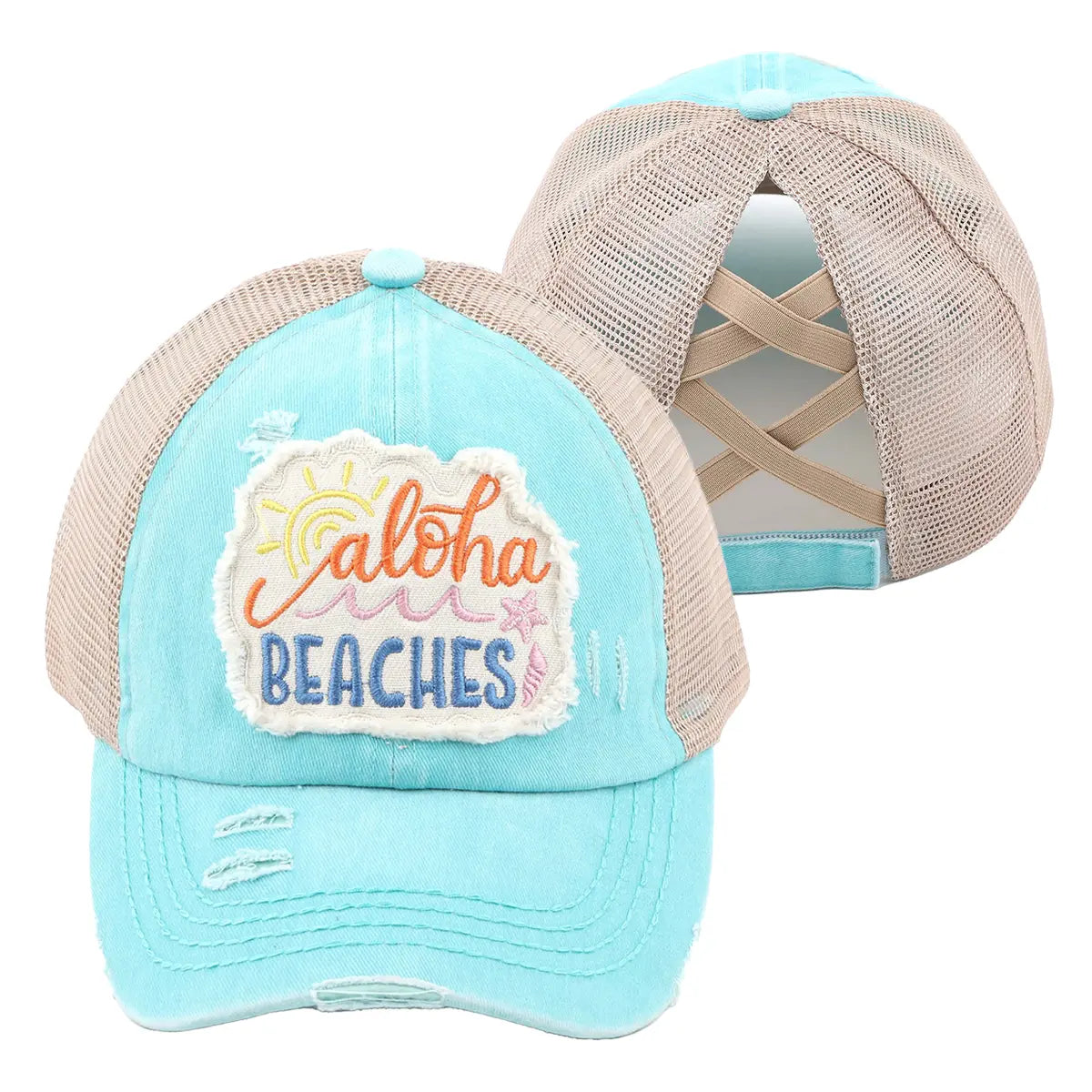 C.C Distressed Aloha Beaches Patch Criss-Cross Ponytail Baseball Cap