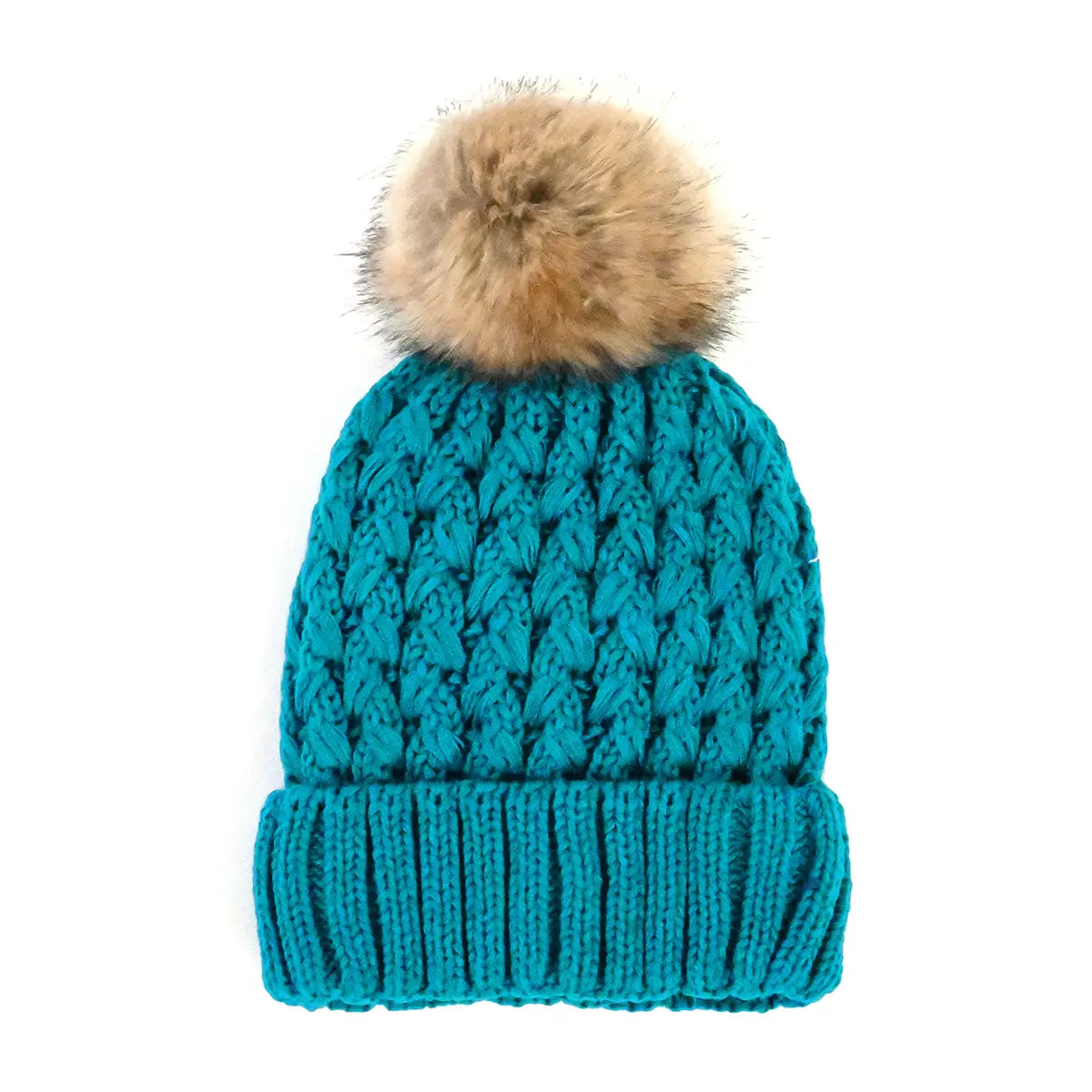 C.C Crossover Stitch Cuff Pom Beanie – Women's Lattice Knit Hat