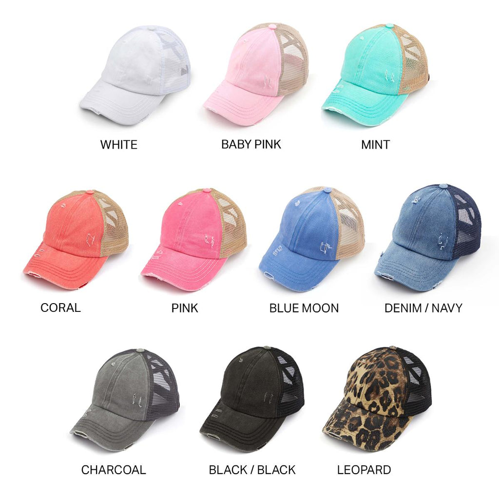 Mommy & Me Washed Cotton Twill Mesh Pony Cap with Criss-Cross Elastic Band Bundle