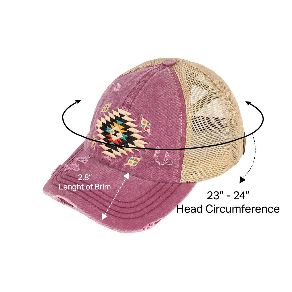 Criss-Cross Ponytail Cap with Distressed Aztec Patch for Women