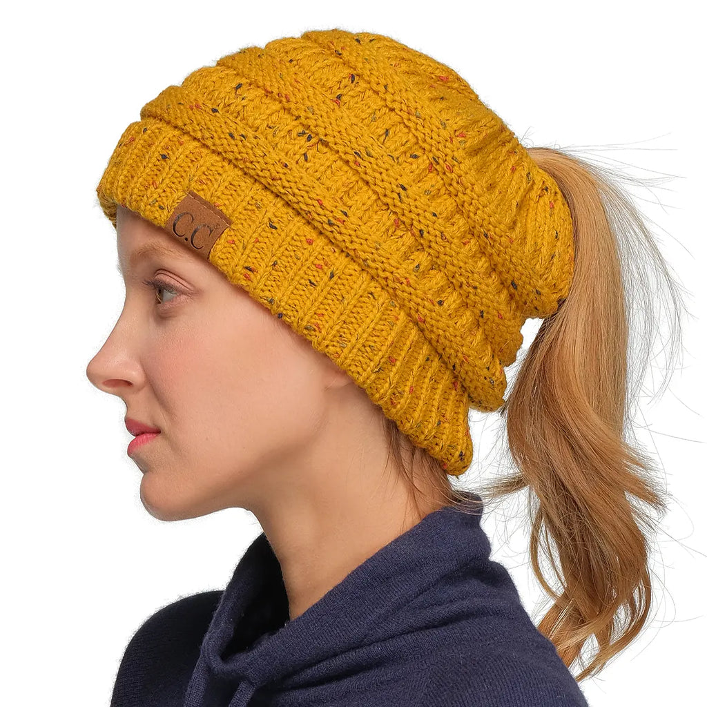 C.C Confetti Ribbed Knit Ponytail Beanie