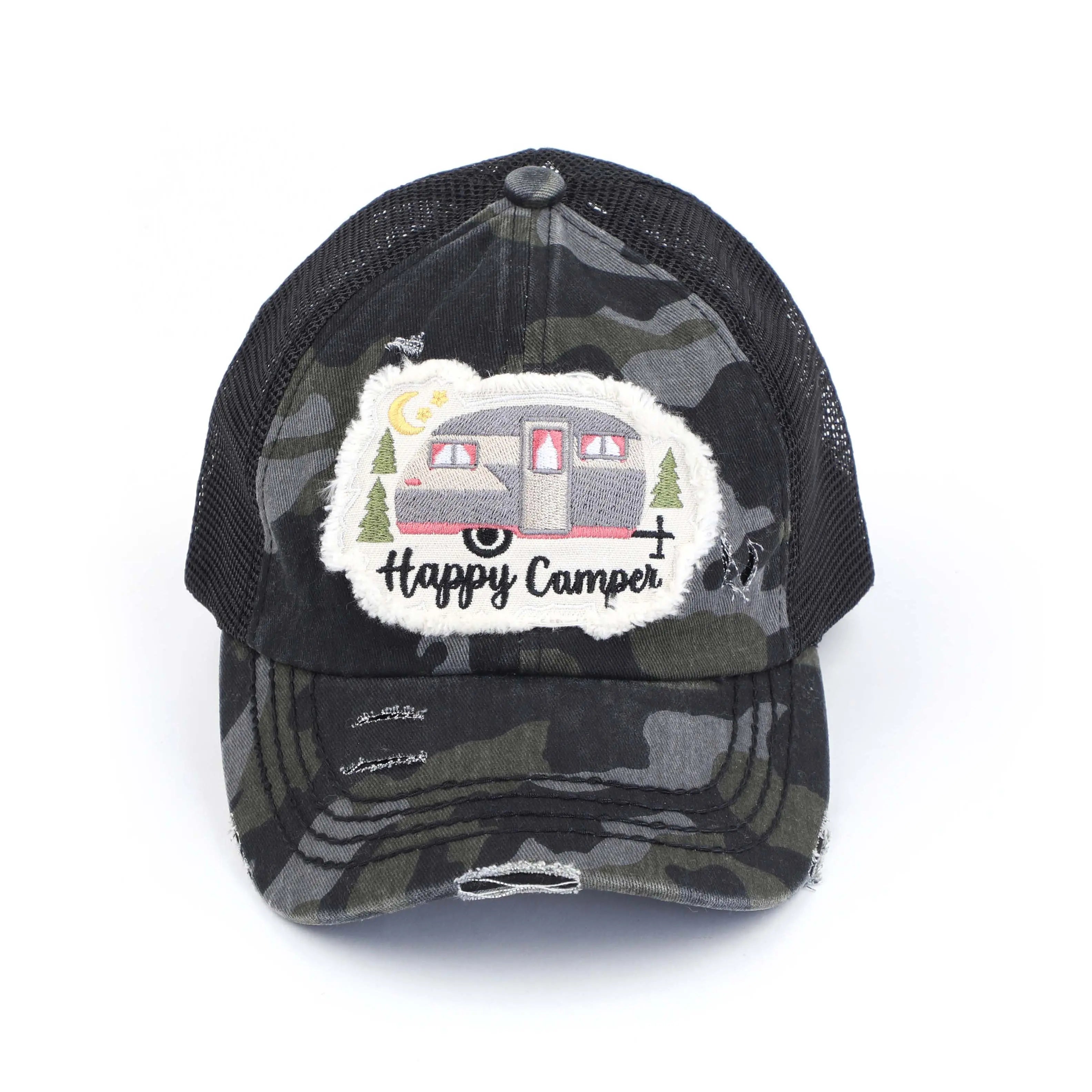 Distressed Happy Camper Embroidered Patch Ponytail Cap