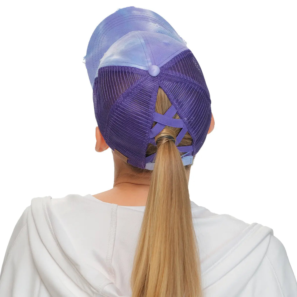 C.C Distressed Tie Dye Criss-Cross Ponytail Baseball Cap