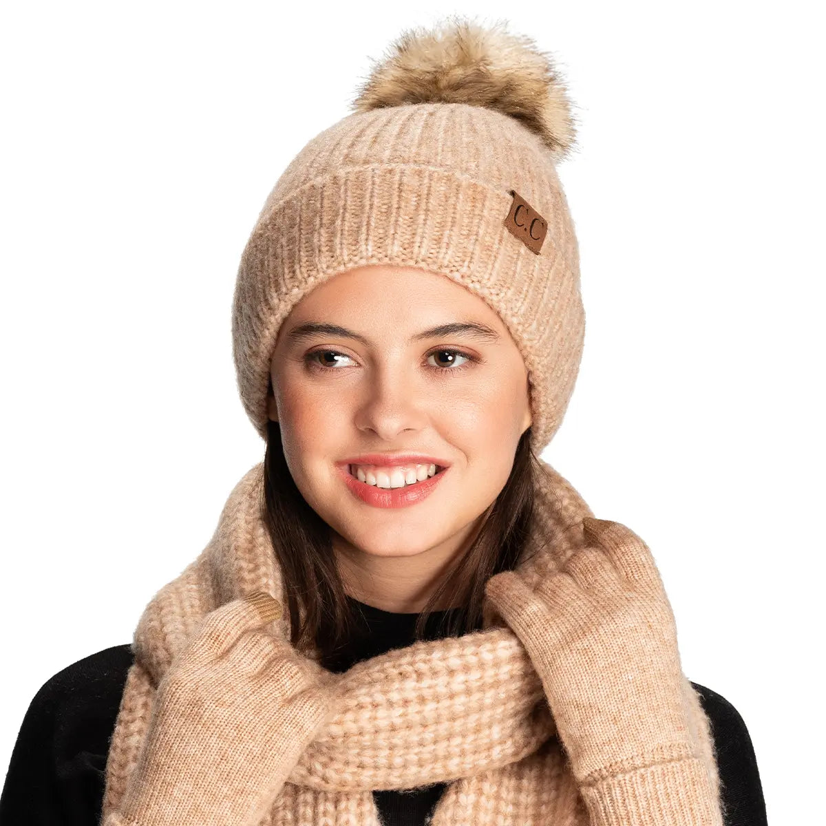 C.C Ribbed Knit Faux Fur Pom Beanie