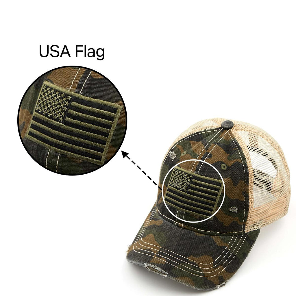 Camo USA Flag Baseball Cap for Women Distressed Patriotic