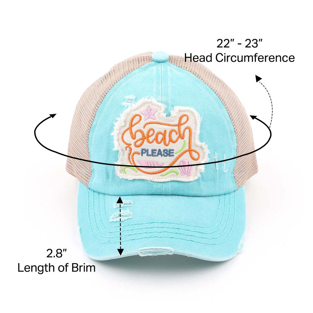 Distressed Beach Please Embroidered Patch Ponytail Cap