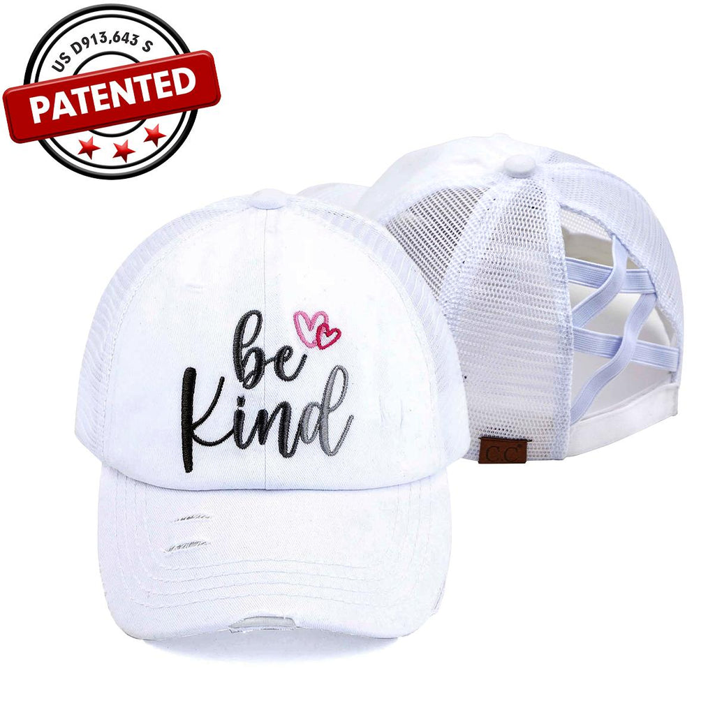 Distressed Embroidered Be Kind Criss-Cross Ponytail Cap