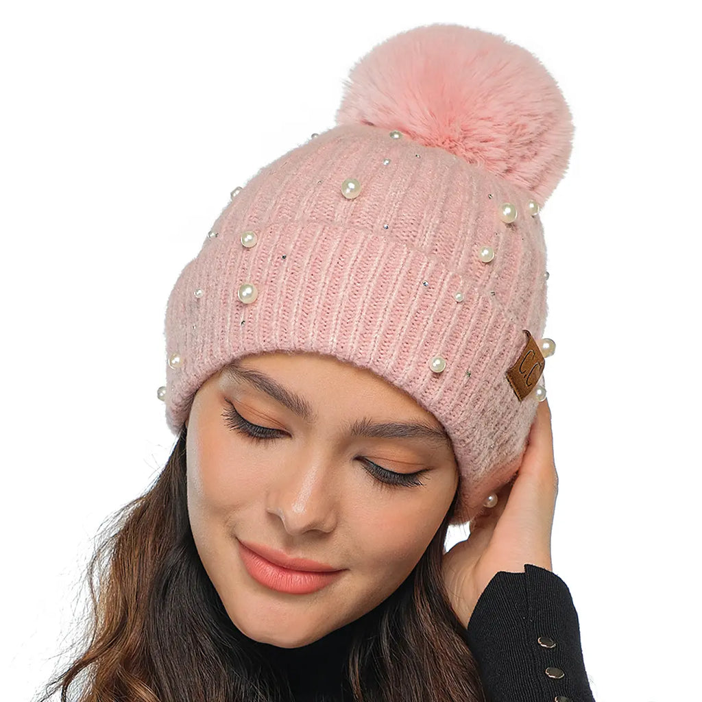 C.C Pearl & Rhinestone Pom Cuff Beanie