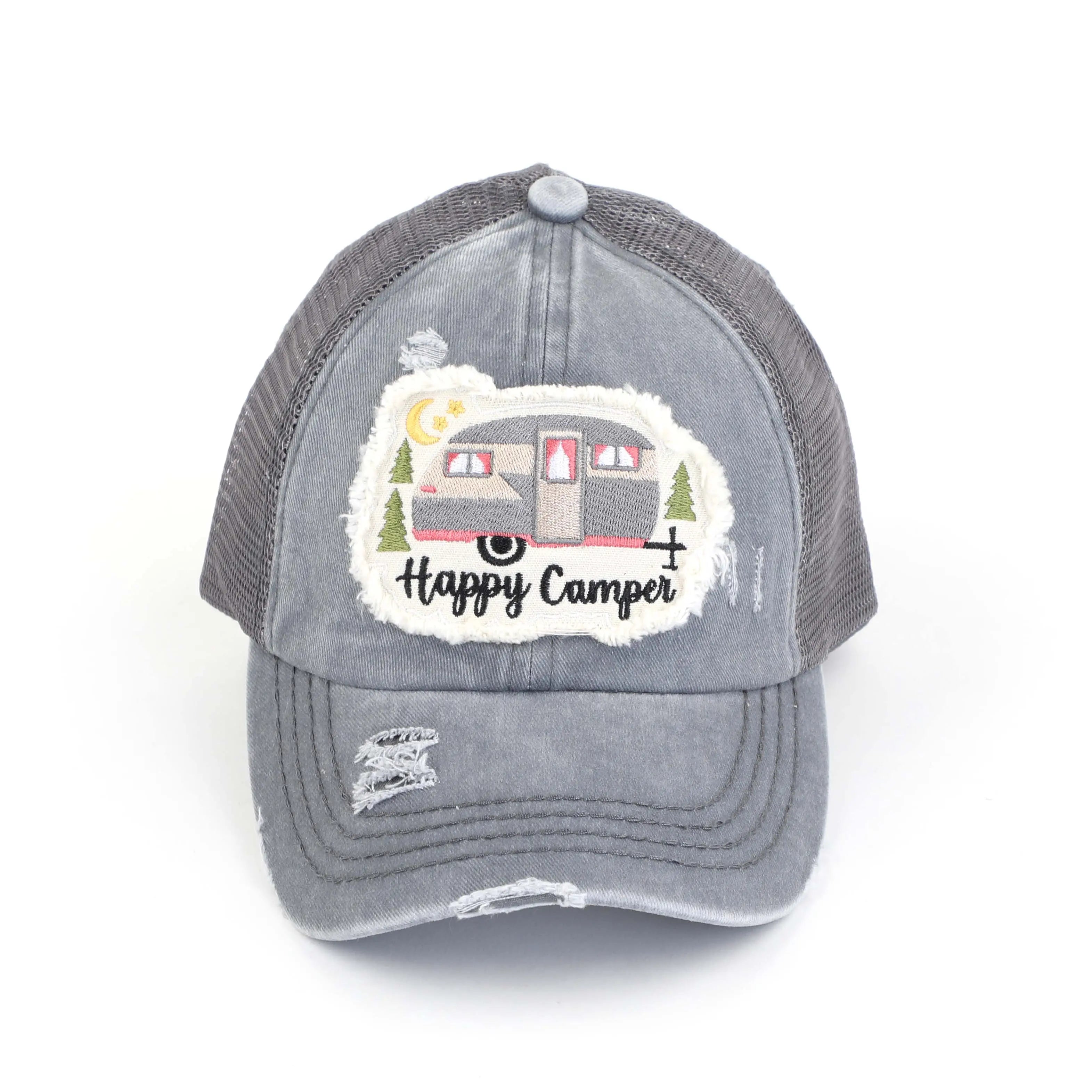 Distressed Happy Camper Embroidered Patch Ponytail Cap