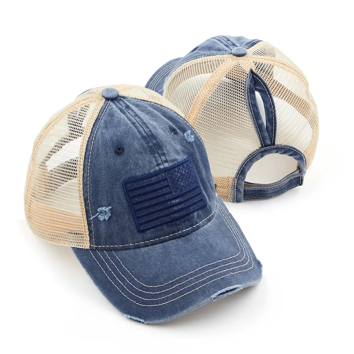 Distressed Tone & Tone Embroidered USA Flag Ponytail Cap