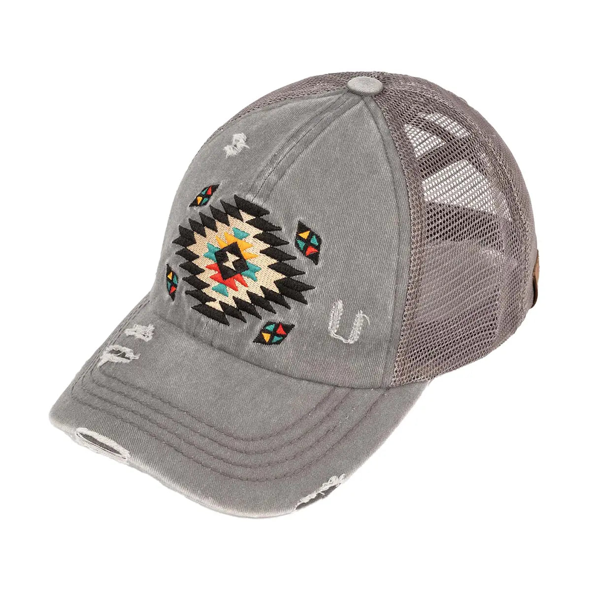 Distressed Aztec Patch Criss-Cross Ponytail Cap