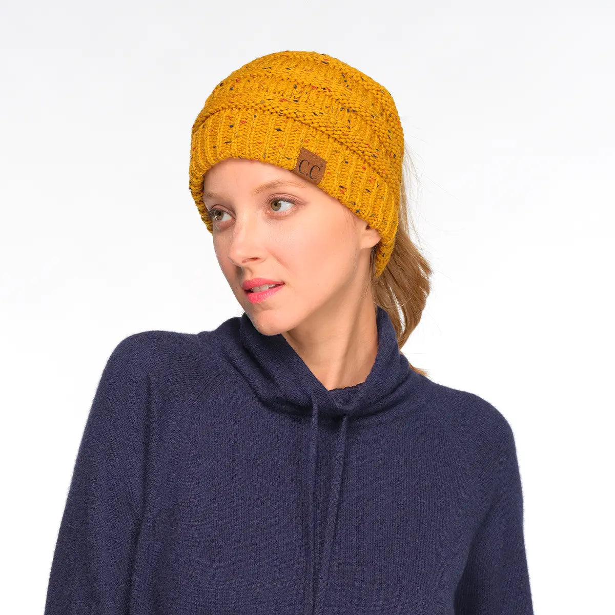 C.C Confetti Ribbed Knit Ponytail Beanie