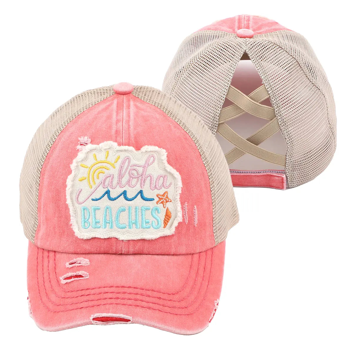 C.C Distressed Aloha Beaches Patch Criss-Cross Ponytail Baseball Cap