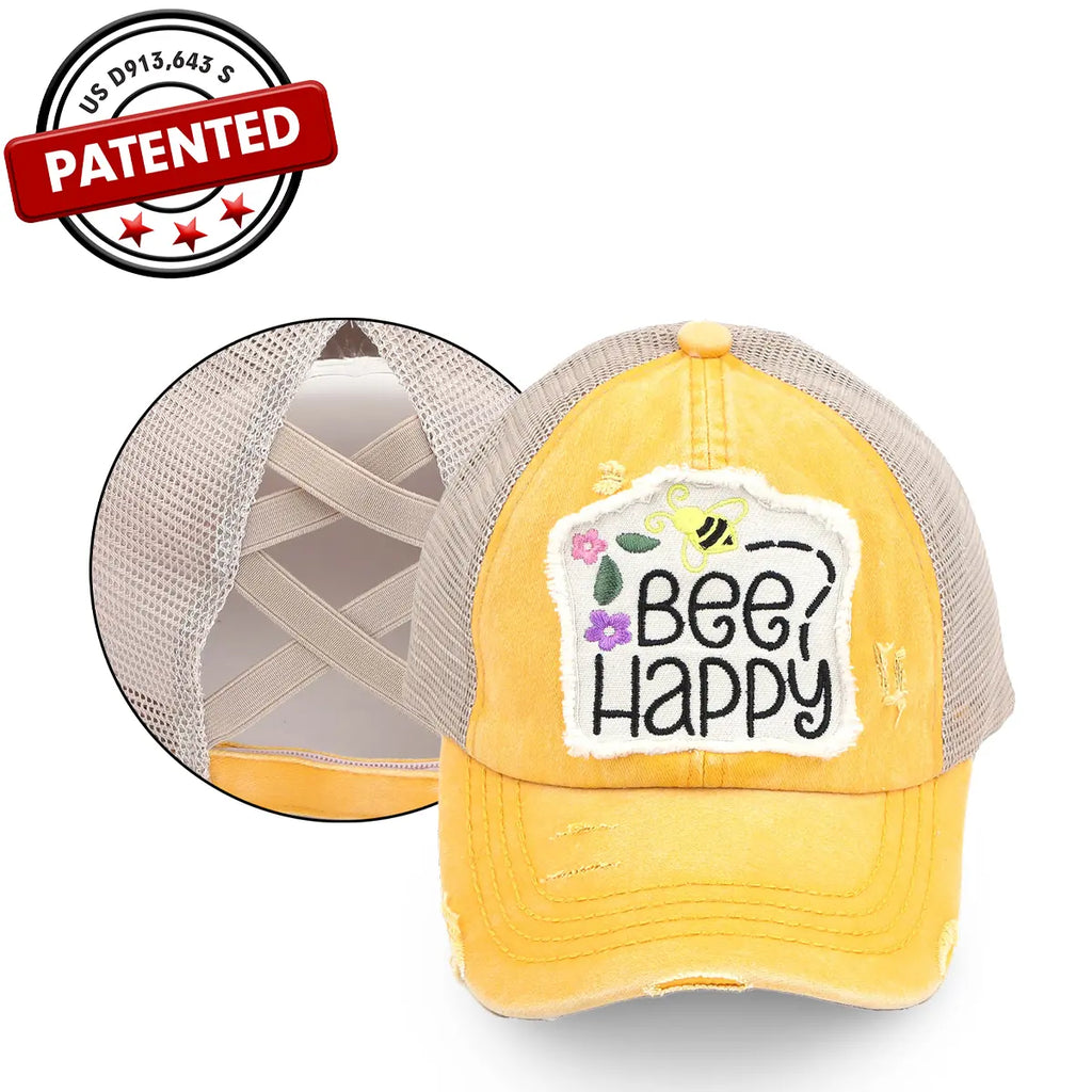C.C Distressed Bee Happy Patch Criss-Cross Ponytail Baseball Hat