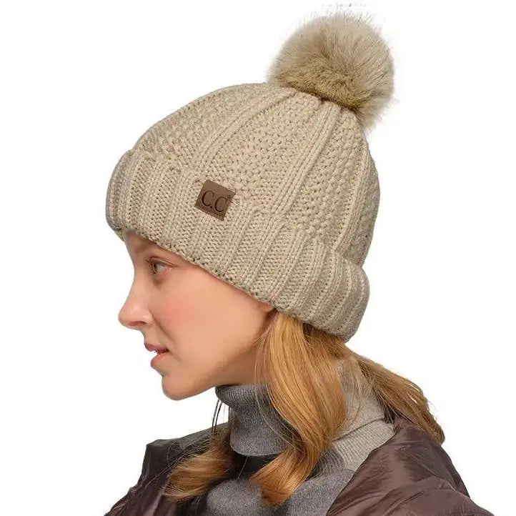 C.C Fuzzy Lined Cuff Pom Beanie – Women's Faux Fur Pom Knit Hat