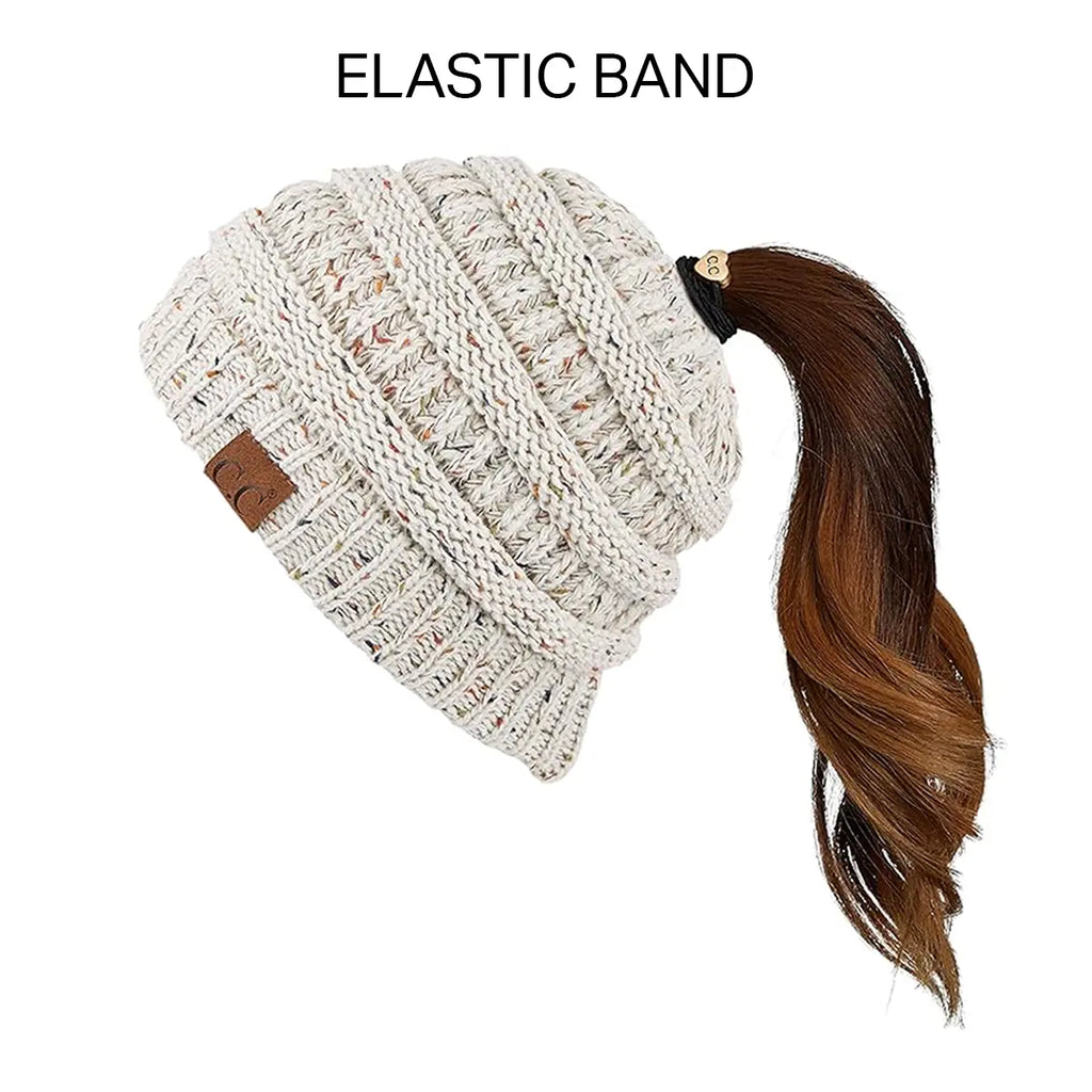 C.C Confetti Ribbed Knit Ponytail Beanie