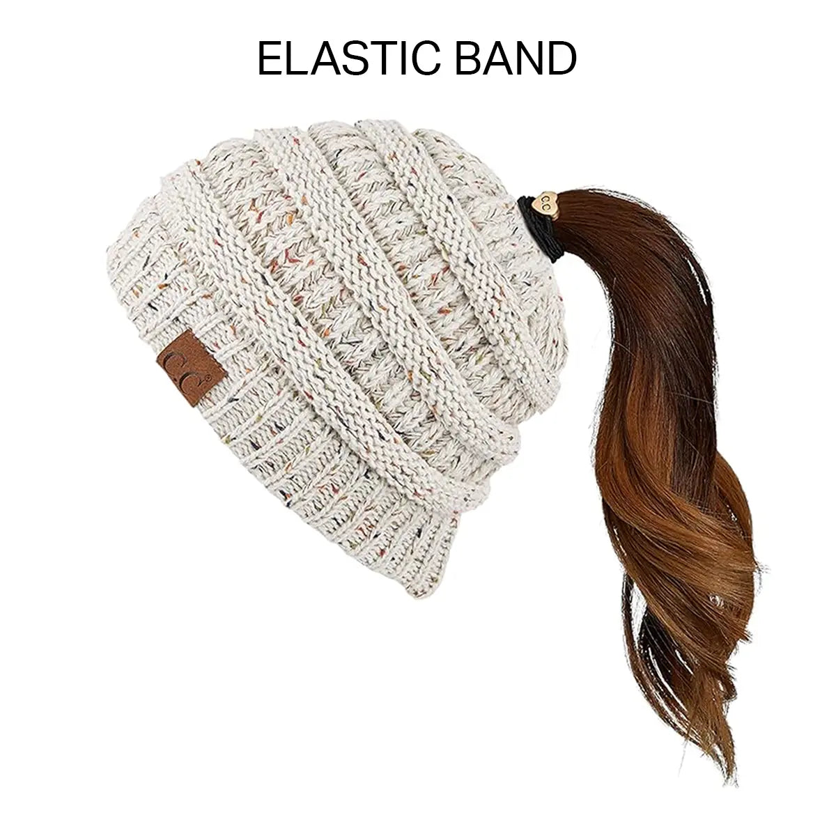 C.C Confetti Ribbed Knit Ponytail Beanie