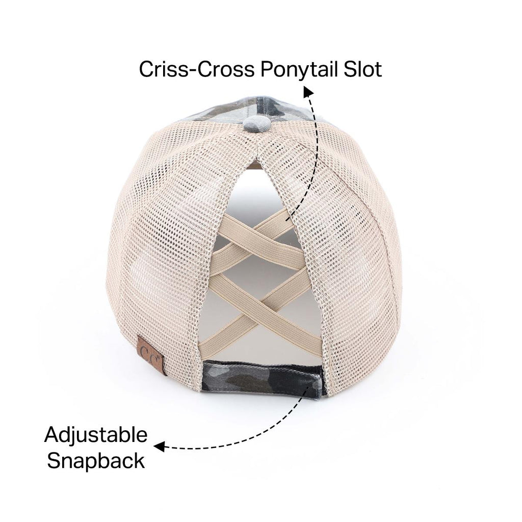 Distressed Happy Camper Embroidered Patch Ponytail Cap