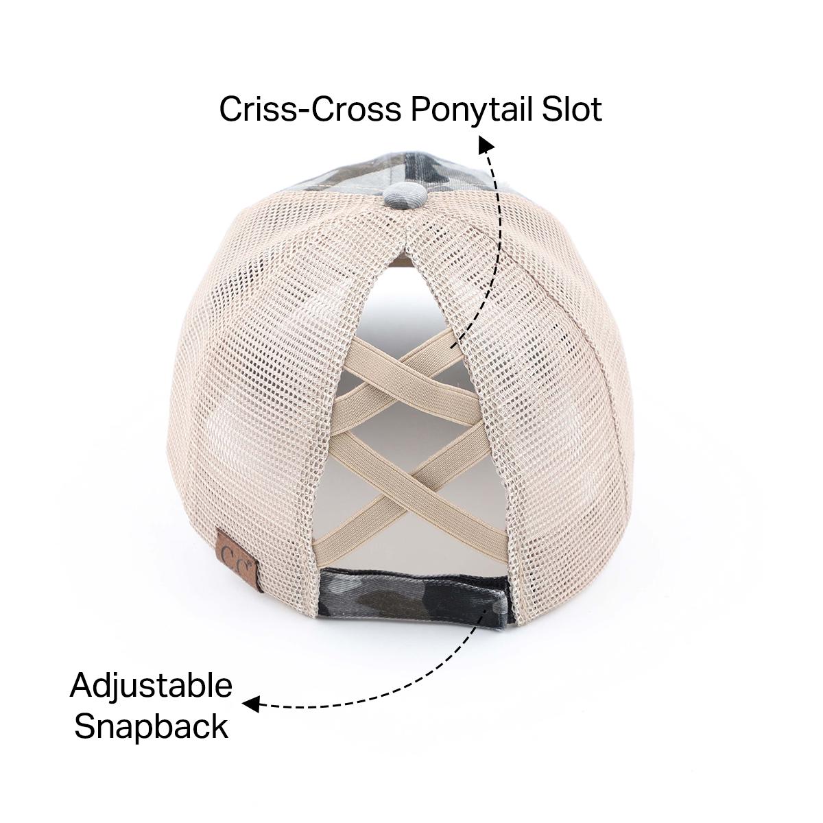 Distressed Happy Camper Embroidered Patch Ponytail Cap