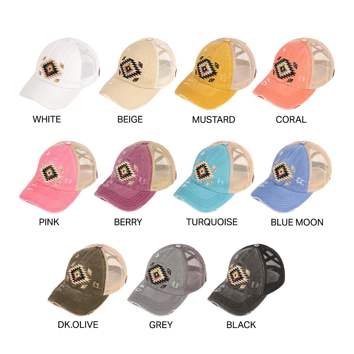 Criss-Cross Ponytail Cap with Distressed Aztec Patch for Women