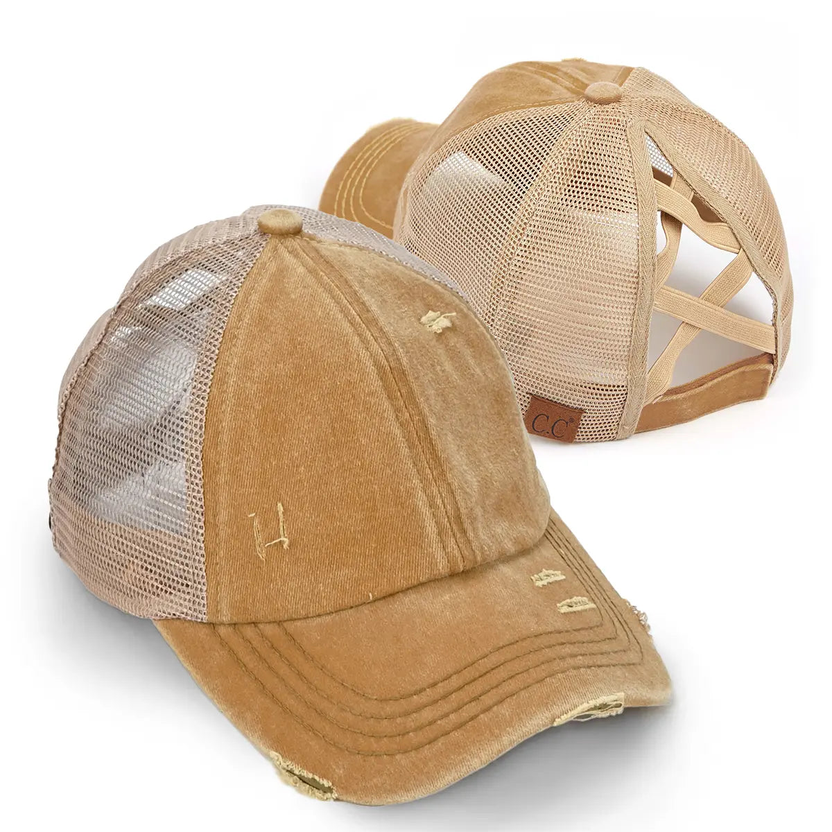 Distressed Criss-Cross Ponytail Cap