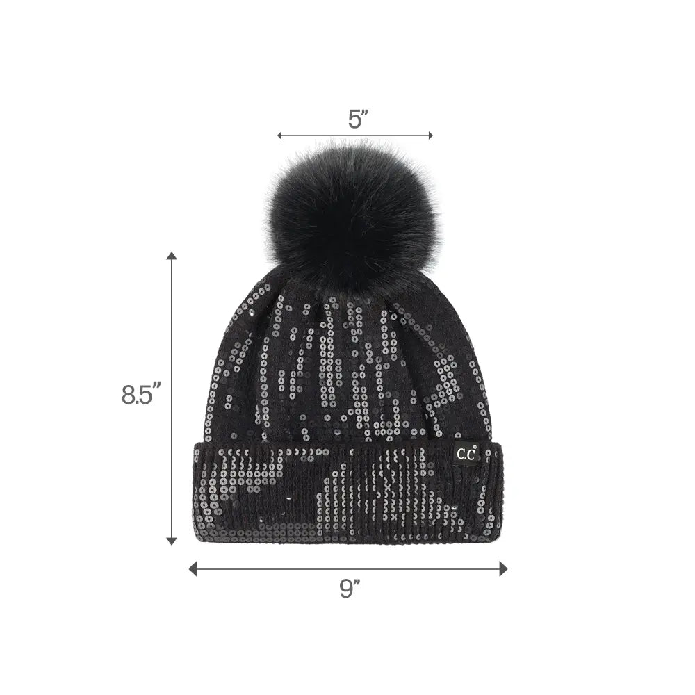C.C Clear Sequin Cuff Pom Beanie