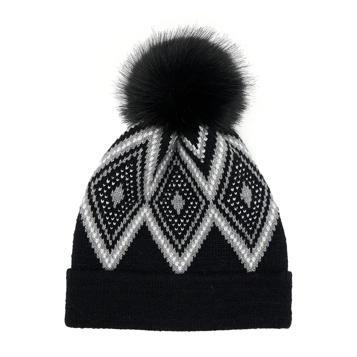 C.C Luxe Diamond Pattern Cuff Pom Beanie – Geometric Knit Hat