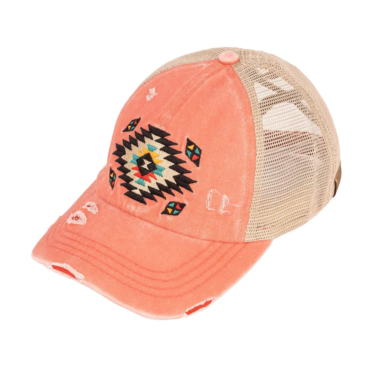 Distressed Aztec Patch Criss-Cross Ponytail Cap