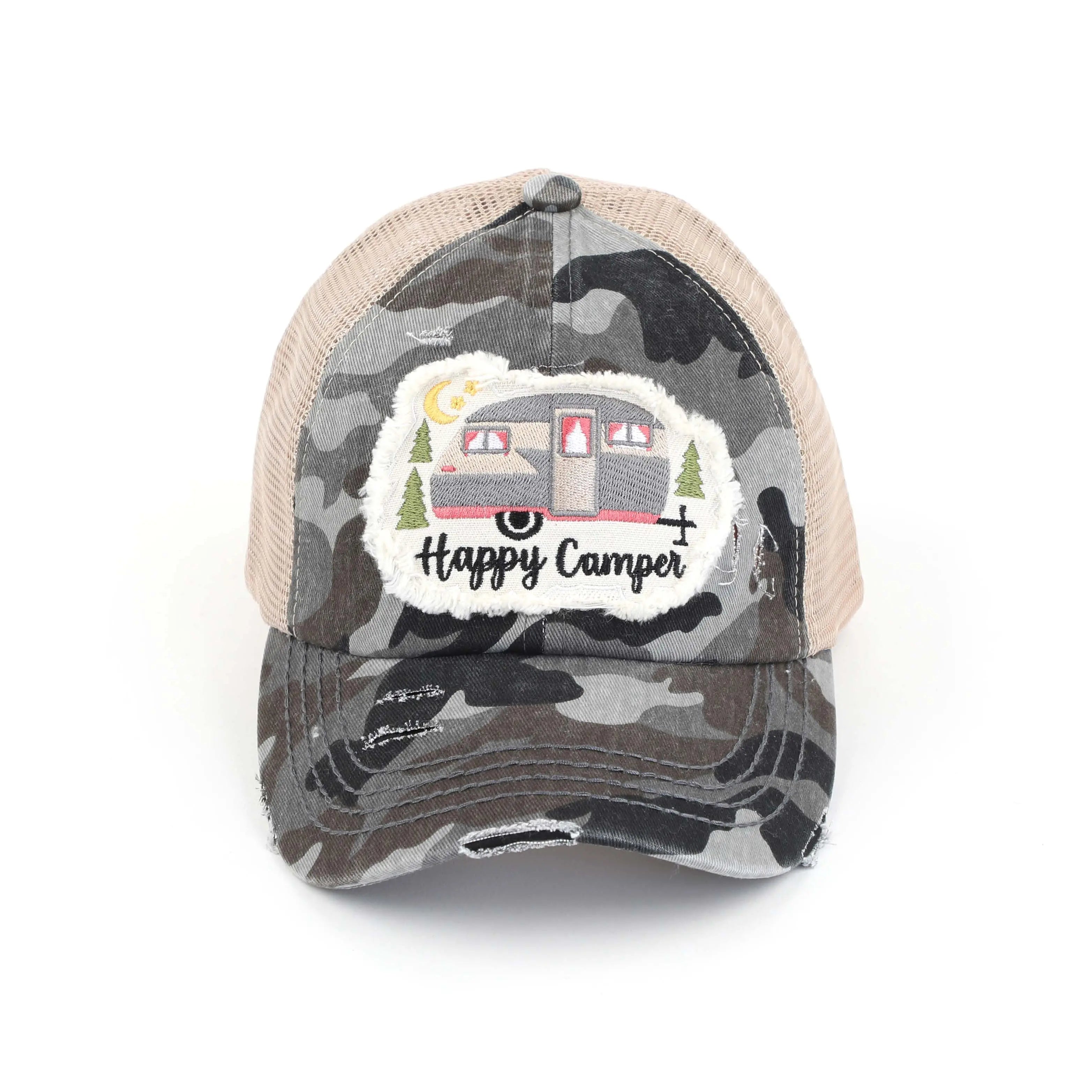 Distressed Happy Camper Embroidered Patch Ponytail Cap
