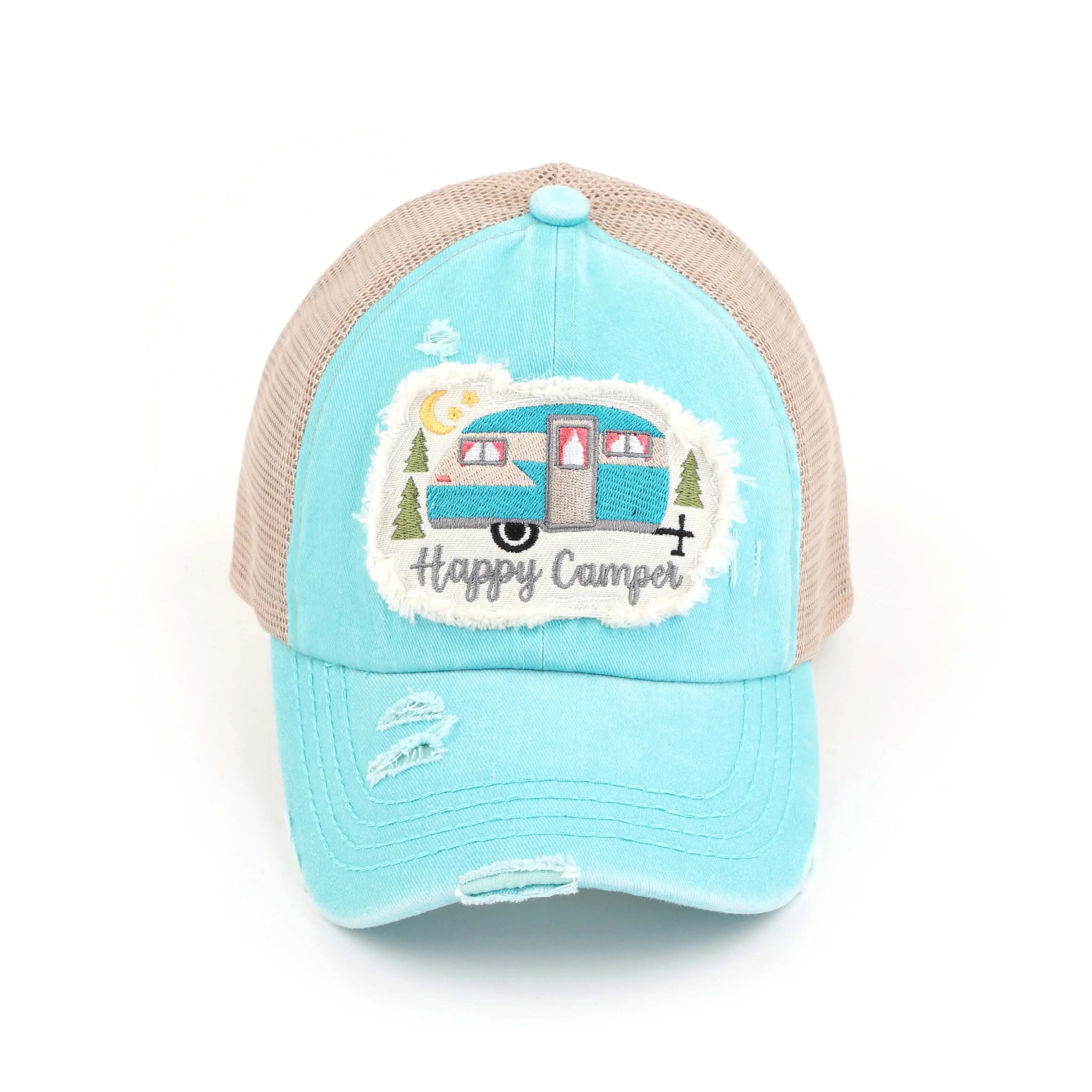 Distressed Happy Camper Embroidered Patch Ponytail Cap
